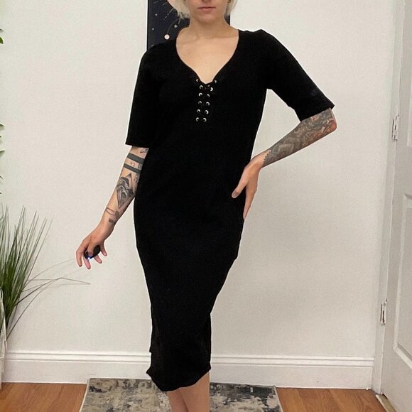 Monrow Mommy Jersey Lace-Up Midi Dress Short Sleeve Size L Black - Picture 2 of 16